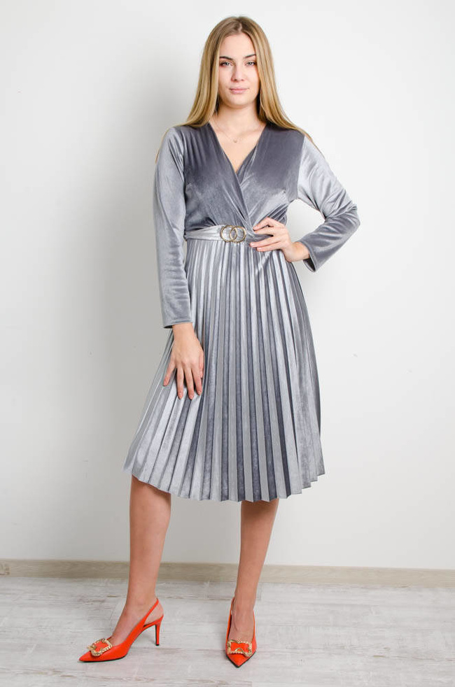 SZARA WELUROWA SUKIENKA Z PLISOWANIEM