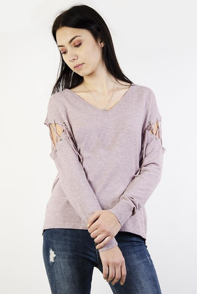 Jasnolawendowy sweterek z wiązaniami przy ramionach