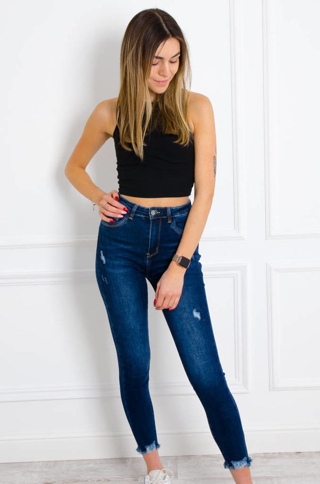 SPODNIE JEANSOWE SKINNY Z PRZETARCIAMI- CIEMNY JEANS