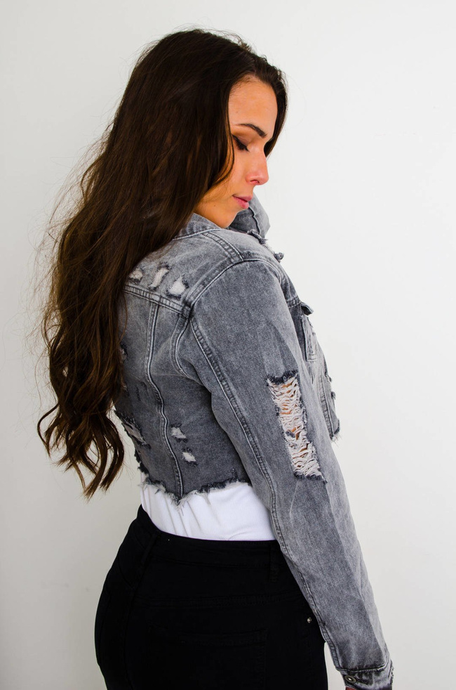 SZARA KURTKA JEANSOWA KRÓTKA-POSZARPANA
