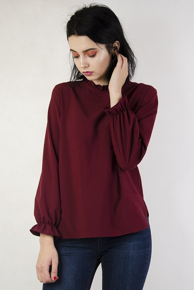 Bordowa bluzka z falbanką przy szyi