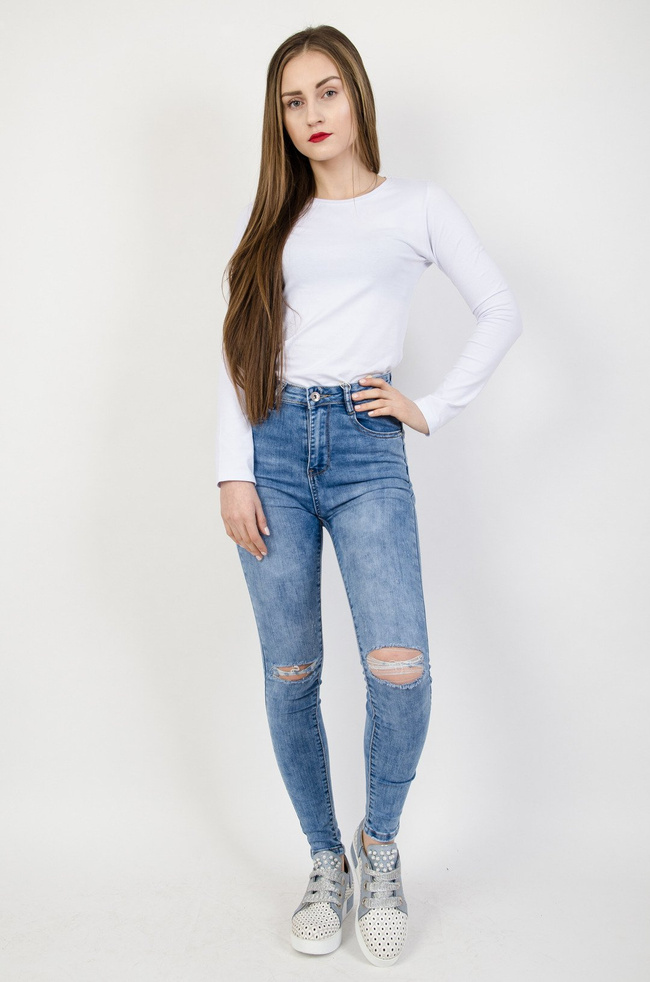 Jasne spodnie jeansowe z rozcięciami na kolanach typu Push-Up