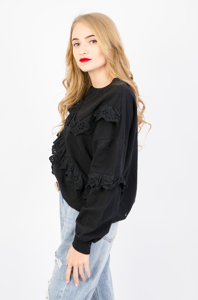 BLUZA Z AŻUROWYMI FALBANAMI W KOLORZE CZARNYM