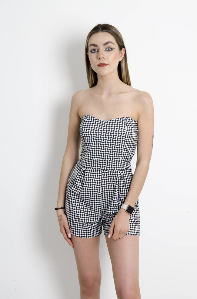 KOMBINEZON GORSETOWY W PEPITKĘ- CZARNY