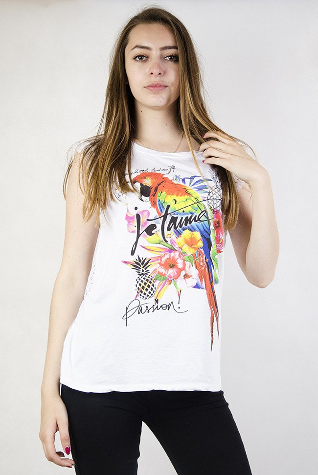 Biała bluzka bez rękawów z kolorowym nadrukiem