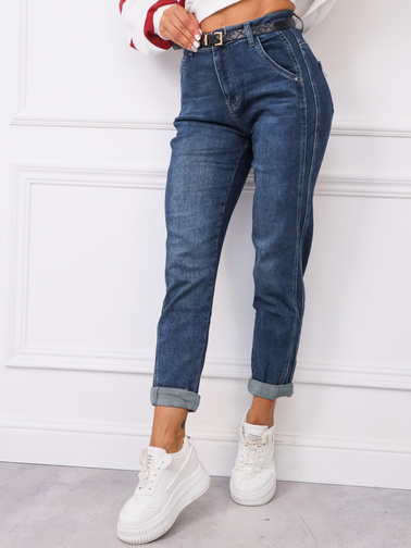 SPODNIE JEANSOWE Z PRZESZYCIAMI I WYSOKIM STANEM- GRANATOWE