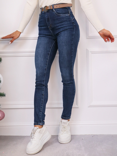 SPODNIE JEANSOWE SKINNY Z WYSOKIM STANEM PUSH UP + PASEK- GRANATOWE