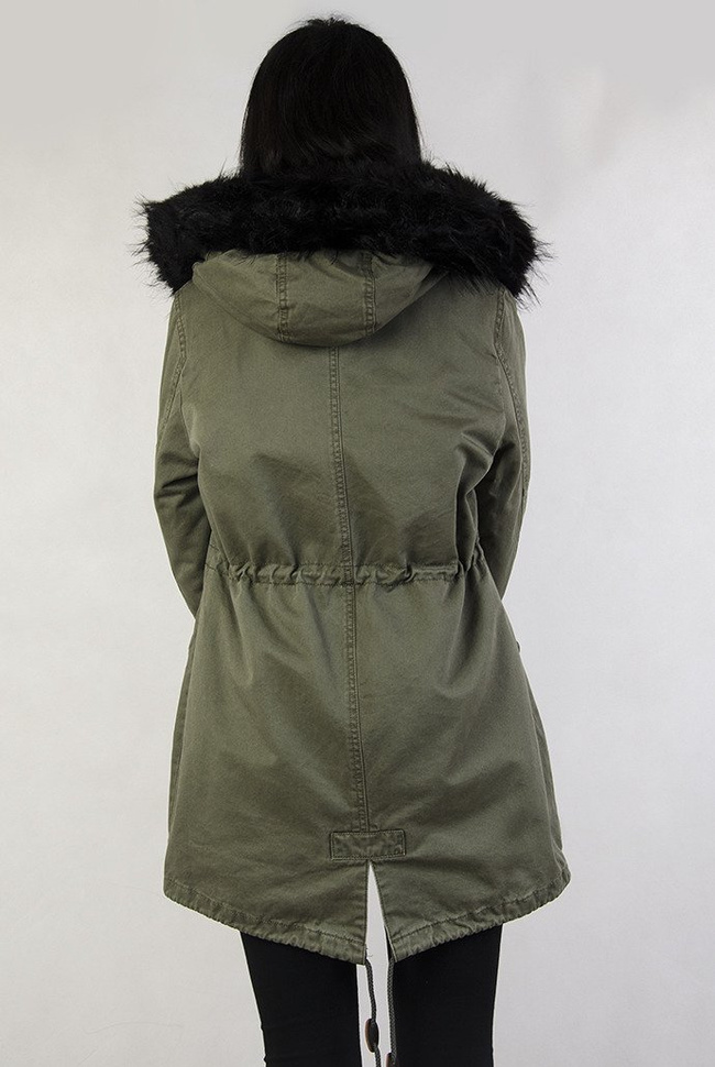 Khaki kurtka parka z czarnym futerkiem
