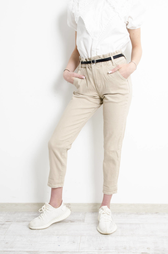 SPODNIE BEŻOWE BAGGY FIT MARSZCZONE W PASIE