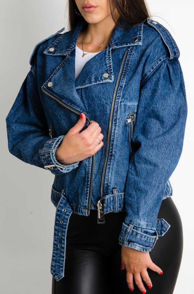 JEANSOWA KURTKA BIKER W KOLORZE GRANATU