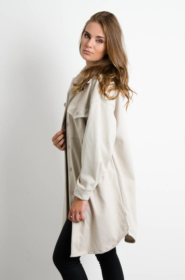 BEŻOWY DŁUGI PŁASZCZ KOSZULOWY