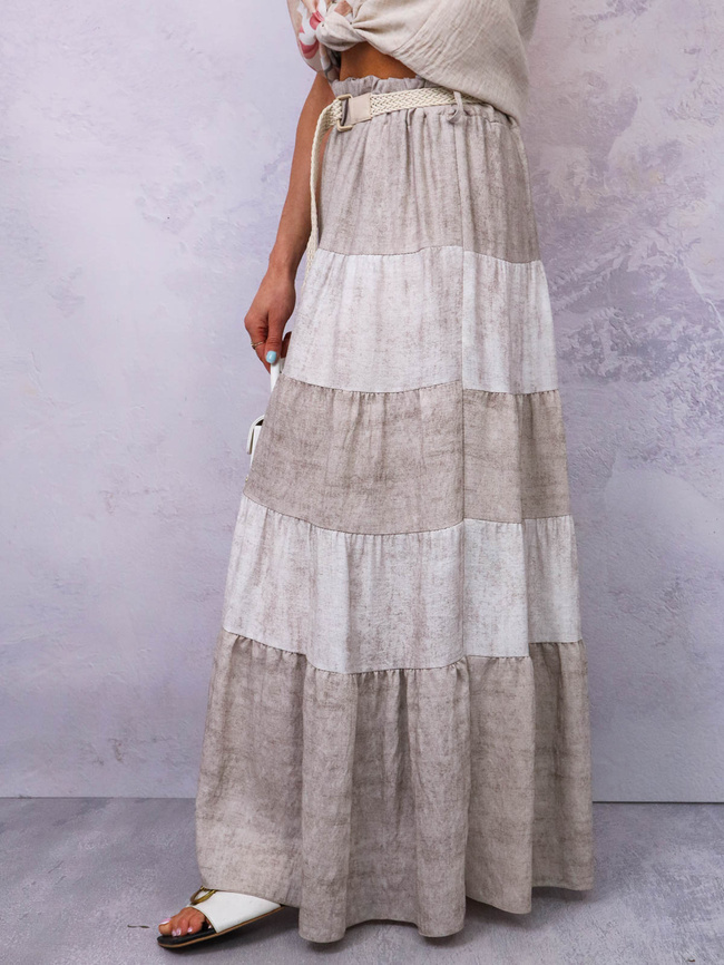 SPÓDNICA MAXI Z ŁĄCZONYCH MATERIAŁÓW+ PASEK- BEŻOWA