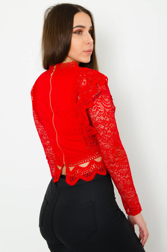 CZERWONA KORONKOWA BLUZKA Z ZAMKIEM NA PLECACH 