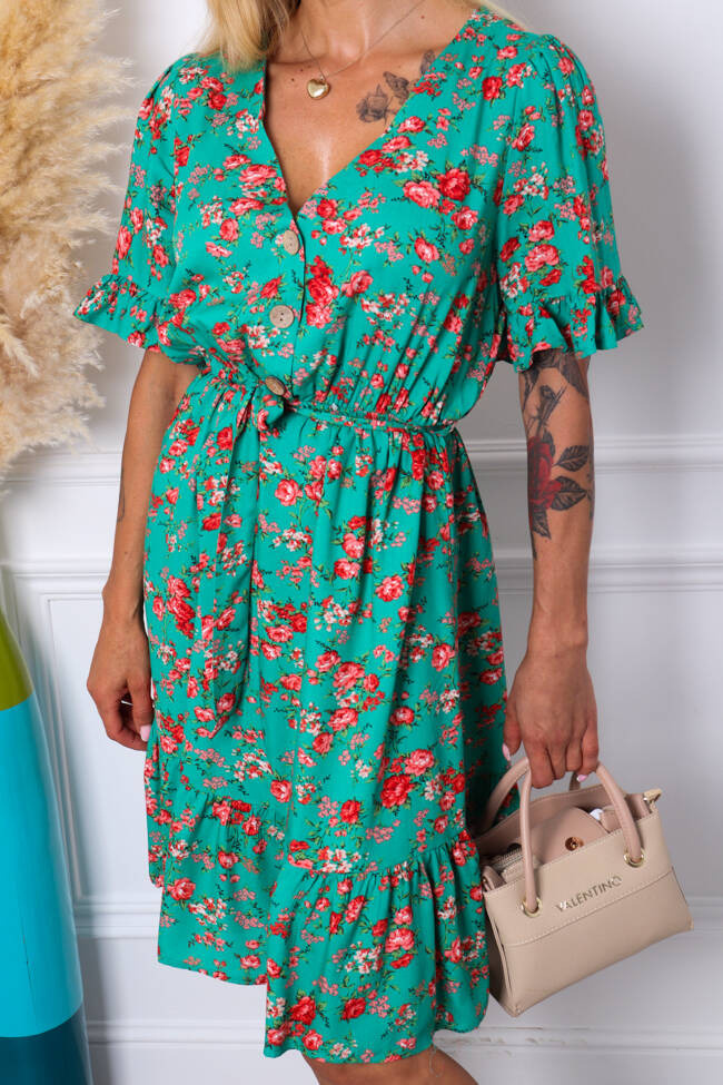 SUKIENKA MIDI W KWIATY Z DEKOLTEM NA GUZIKI+ PASEK- ZIELONA