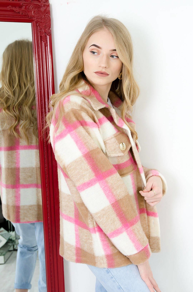 RÓŻOWY PŁASZCZ KOSZULA W KRATĘ