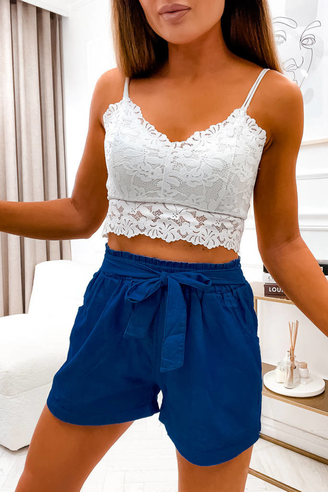 SZORTY MATERIAŁOWE Z GUMĄ I WIĄZANIEM W PASIE- CIEMNO GRANATOWE