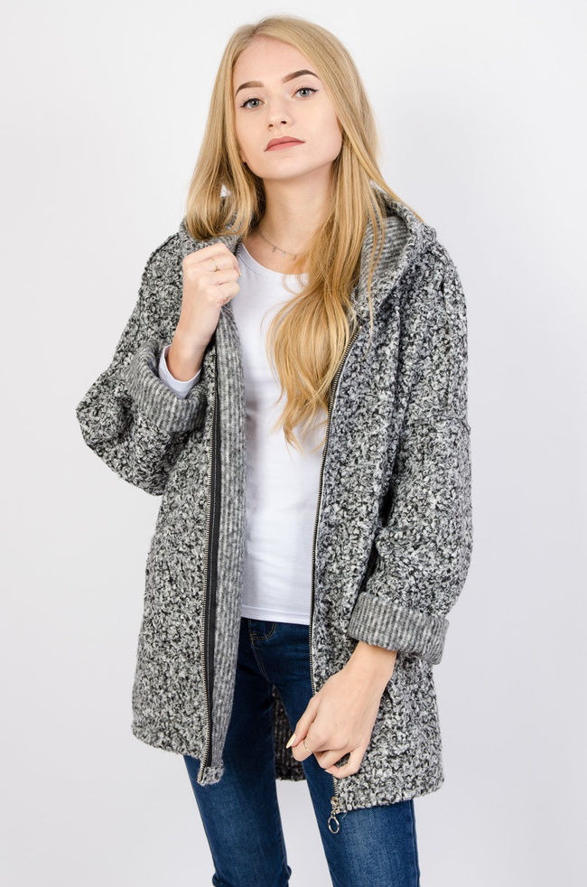 Ciemnoszary przejściowy płaszcz z asymetrycznym dołem