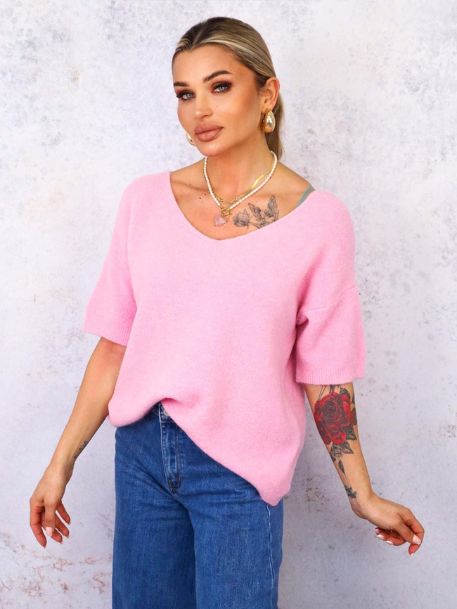 SWETER Z KRÓTKIM RĘKAWEM BABY ALPAKA- RÓŻOWY