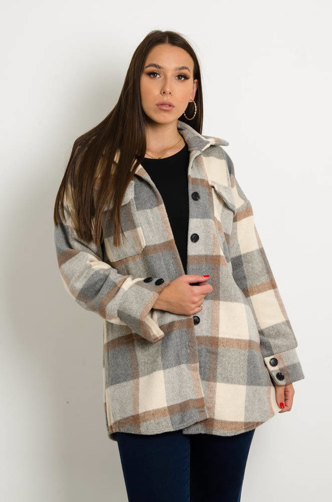 BEŻOWY PŁASZCZ KOSZULOWY W KRATĘ