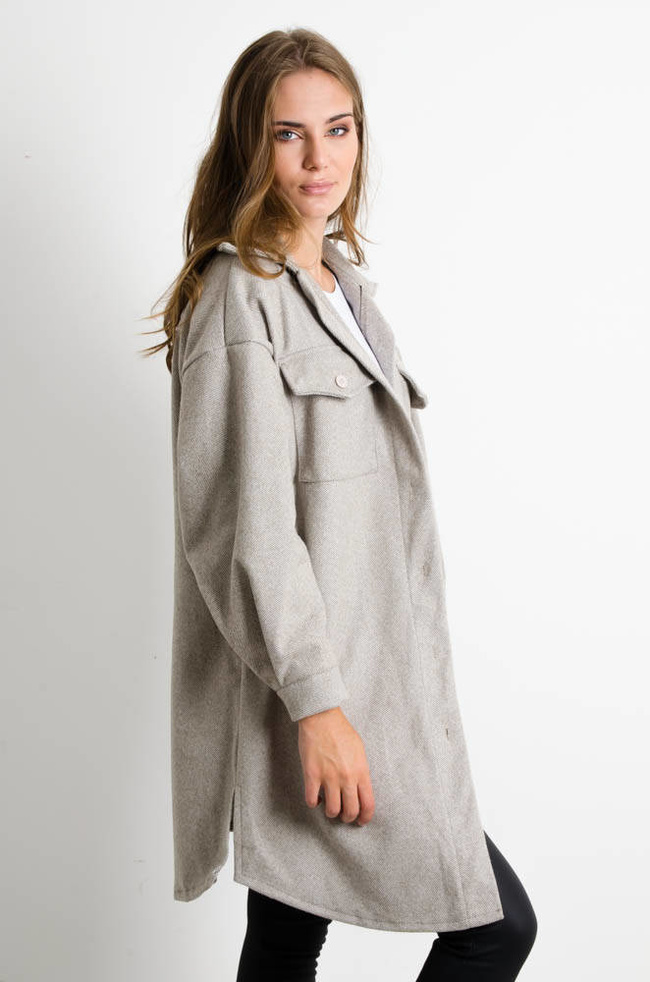 SZARY DŁUGI PŁASZCZ KOSZULOWY