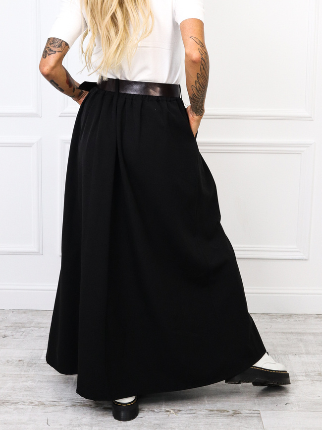 MATERIAŁOWA SPÓDNICA MIDI Z KIESZENIAMI+ PASEK- CZARNA