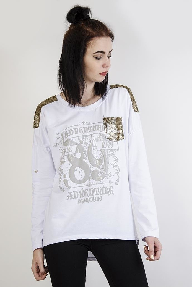 Biała bluzka z nadrukiem i złotymi elementami