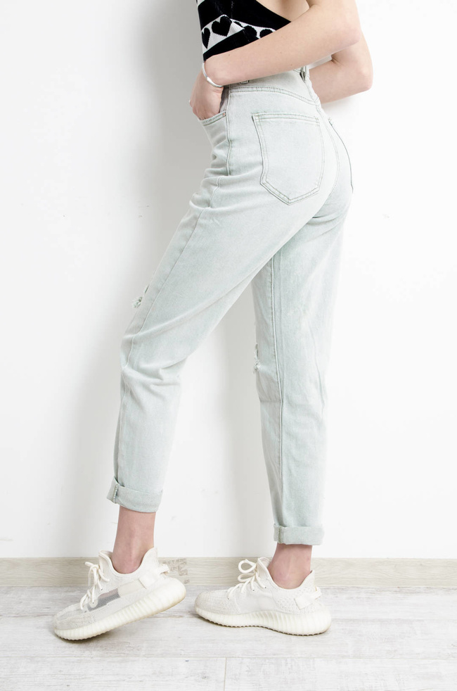SPODNIE JEANSOWE MOM FIT Z DZIURAMI- ZIELONE