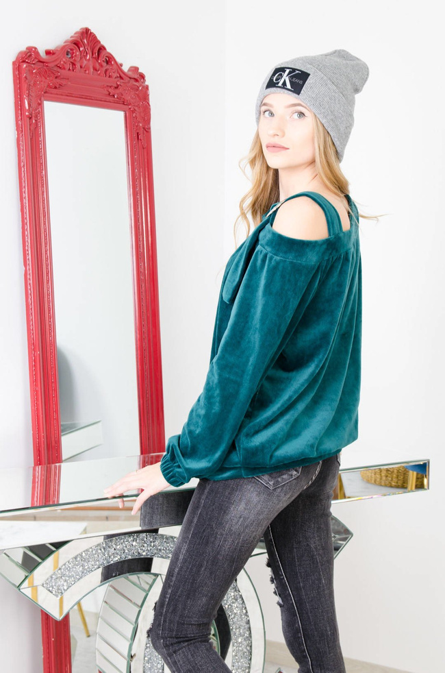 ZIELONA WELUROWA BLUZKA Z WYCIĘCIEM NA RAMIENIU 