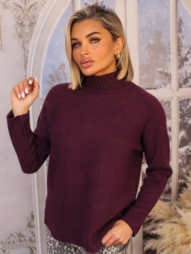 SWETER OVERSIZE Z PÓŁGOLFEM W PRĄŻKI- BORDOWY