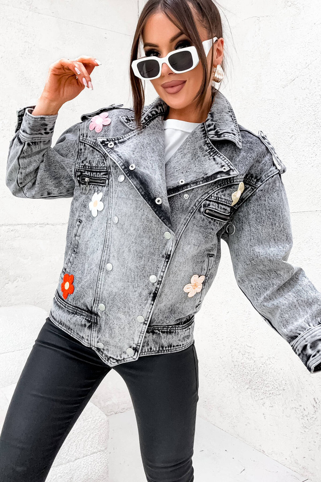 KURTKA JEANSOWA  RAMONESKA Z NASZYWKĄ W KWIATY- SZARA