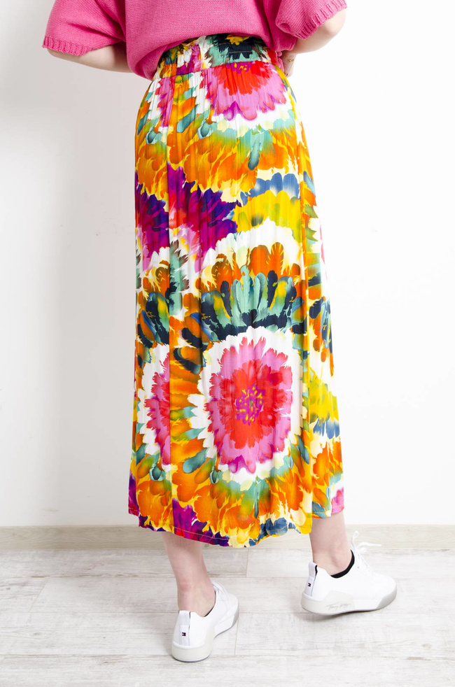 SPÓDNICA MAXI WZORZYSTA W KWIATY WIĄZANA W PASIE- POMARAŃCZOWA