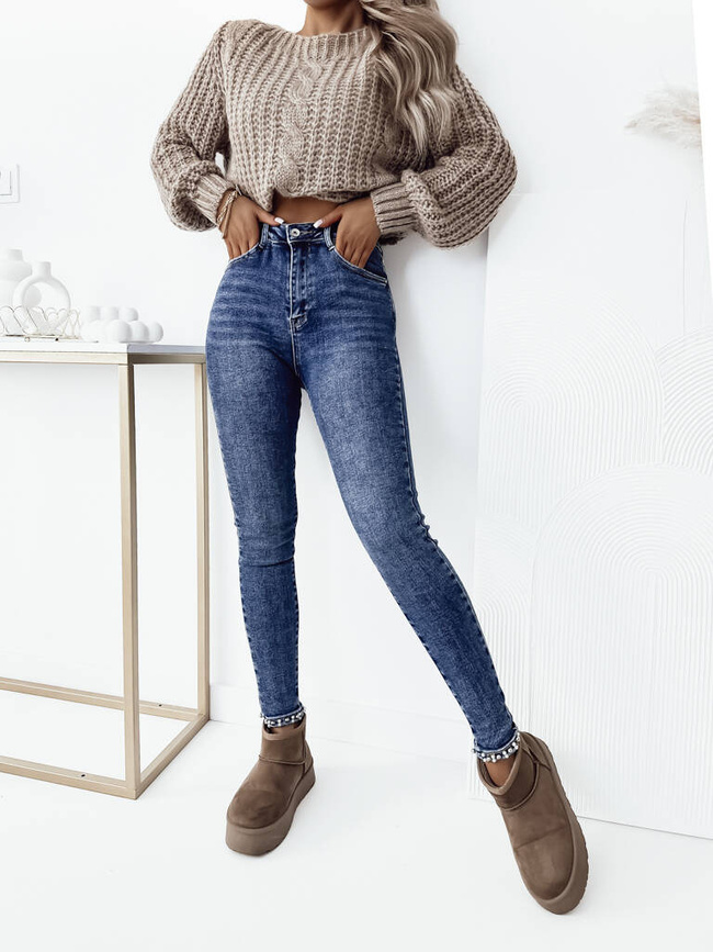 SPODNIE SKINNY Z OZDOBNĄ KOKARDĄ I KORALIKAMI- JEANSOWE