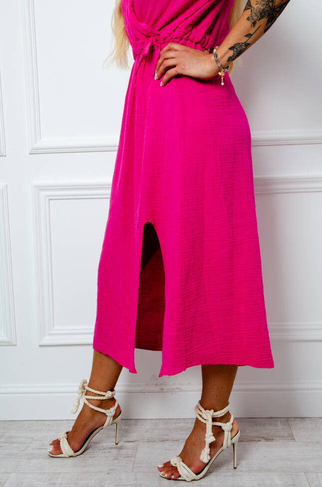 SUKIENKA MUŚLINOWA MIDI Z WIĄZANIEM W PASIE I ROZCIĘCIEM- RÓŻOWA