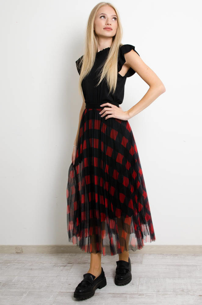 CZERWONA SPÓDNICA TIULOWA W KRATĘ