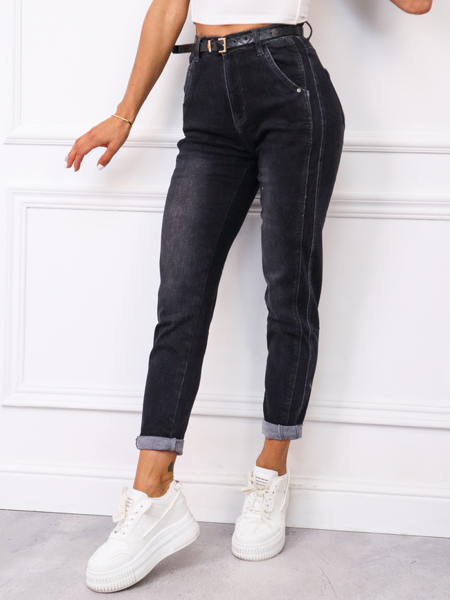 SPODNIE JEANSOWE Z PRZESZYCIAMI I WYSOKIM STANEM- CIEMNOSZARE