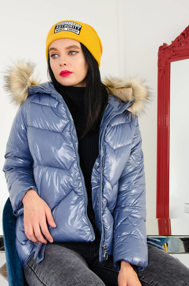 GRANATOWA  ASYMETRYCZNA PIKOWANA KURTKA Z KAPTUREM 