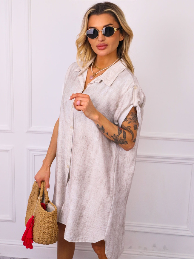 DEKATYZOWANA SUKIENKA KOSZULOWA- JASNOBEŻOWA