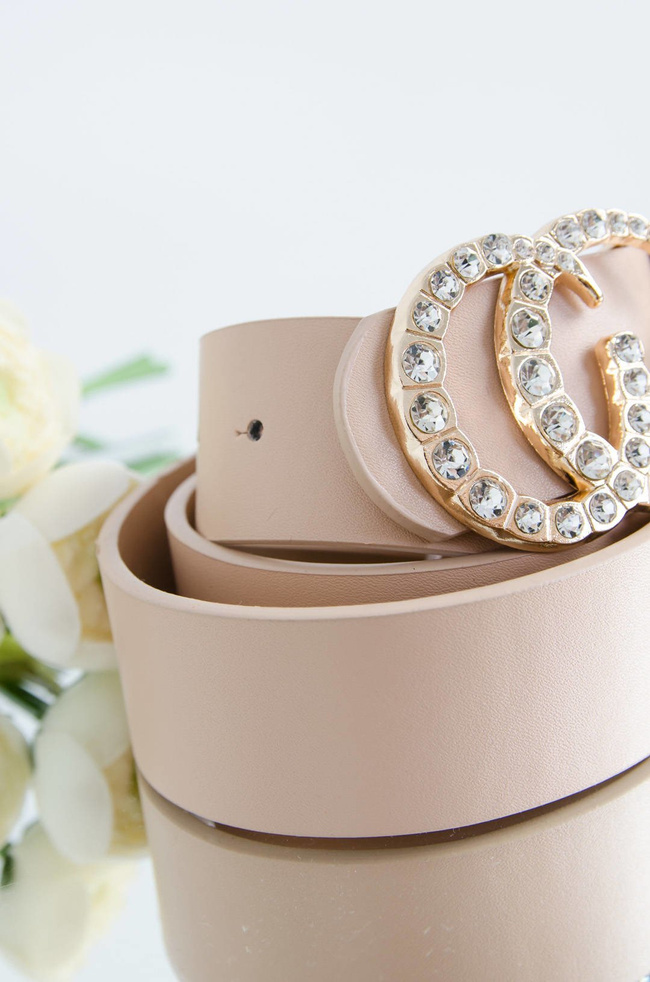 BEŻOWY SZEROKI PASEK -ZŁOTA KLAMERKA Z CYRKONIAMI