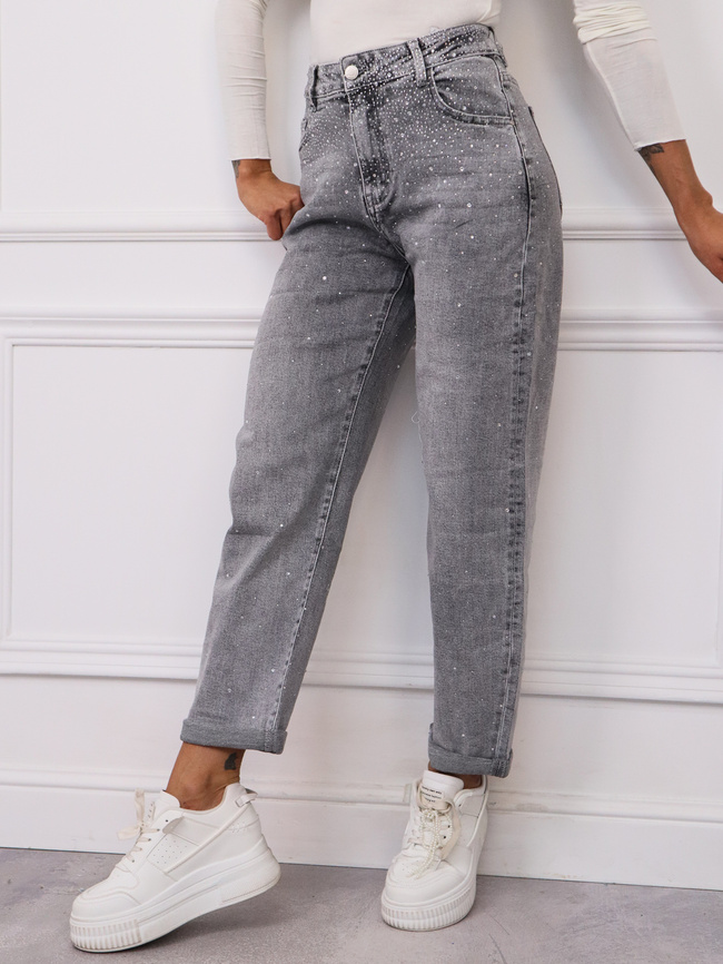 SPODNIE JEANSOWE MOM FIT ZDOBIONE CYRKONIAMI- SZARE