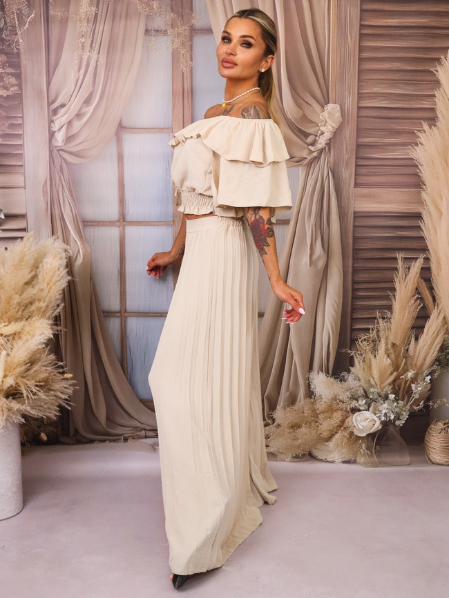 KOMPLET TOP HISZPANKA+ SPODNIE PLISOWANE- BEŻOWY