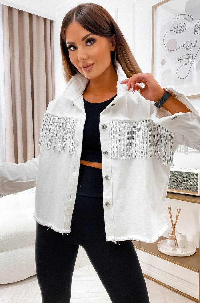 BIAŁA KURTKA JEANSOWA Z FRĘDZLAMI 