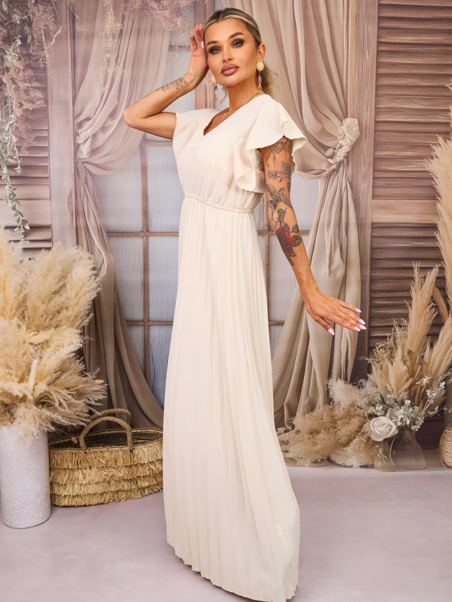 SUKIENKA MAXI PLISOWANA Z FALBANAMI PRZY RĘKAWACH- BEŻOWA