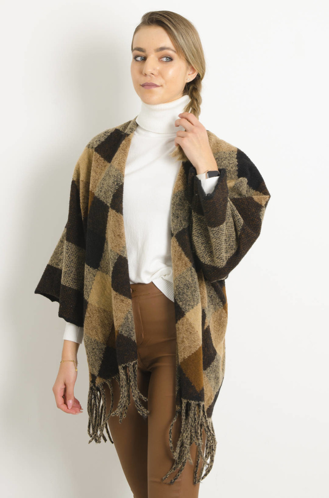 BRĄZOWA NARZUTA W KRATĘ Z FRĘDZLAMI- PONCZO