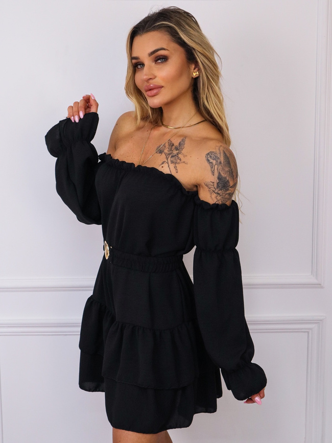 KOMBINEZON HISZPANKA Z FALBANAMI I PASKIEM- CZARNY