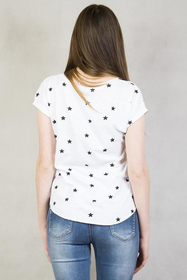 Biała bluzka w gwiazdki z napisem F#llow me to the moon