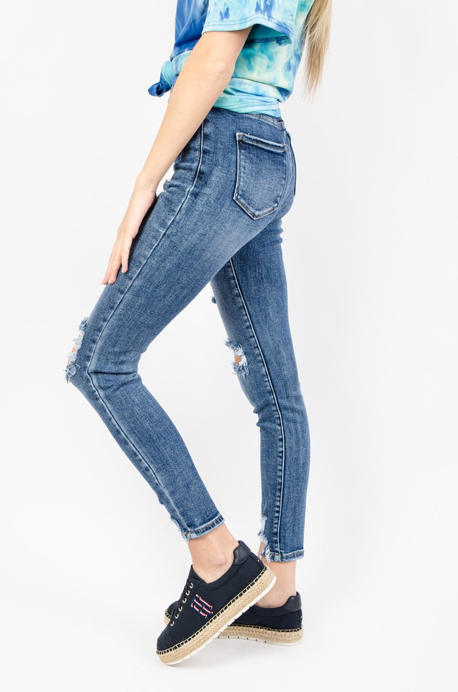 CIEMNE JEANSOWE SPODNIE ZAPINANE NA GUZIKI -WYSOKI STAN