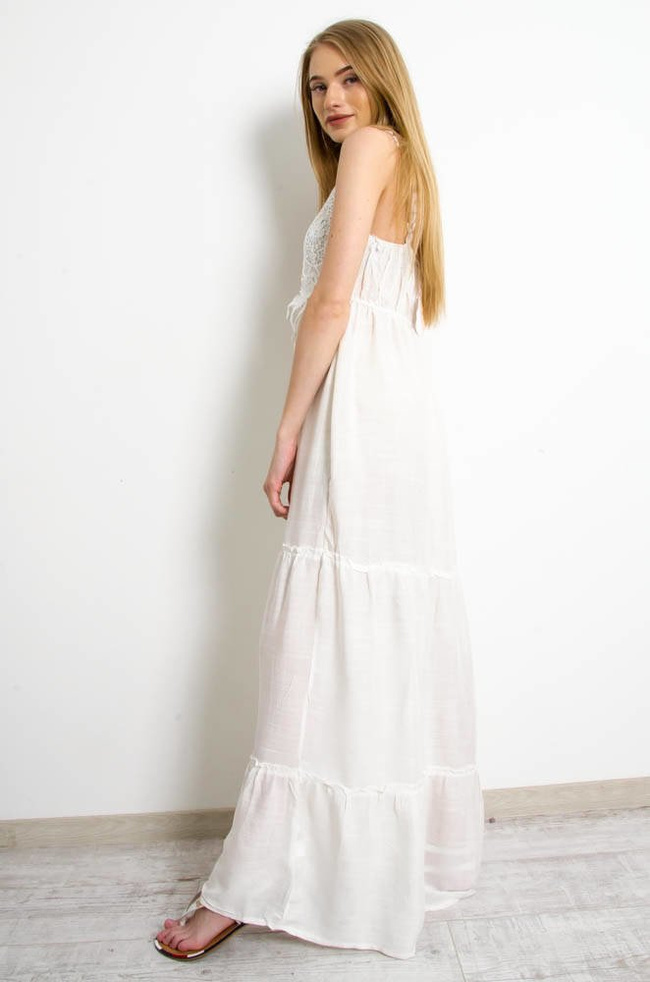 BIAŁA SUKIENKA MAXI NA RAMIĄCZKACH Z AŻUROWĄ GÓRĄ