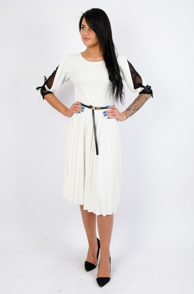 BIAŁA SUKIENKA MIDI Z PLISOWANYM DOŁEM + PASEK