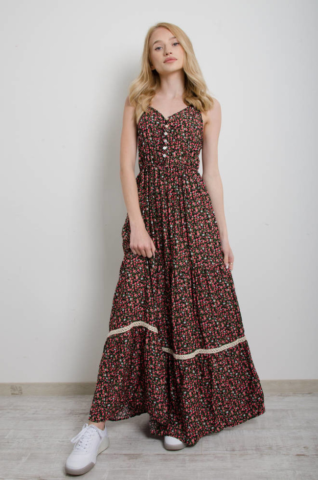 SUKIENKA W KWIATY NA CIENKICH RAMIĄCZKACH MAXI - CZARNA