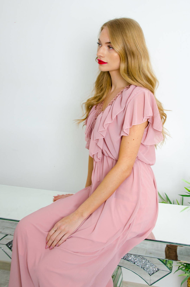 DŁUGA ELEGANCKA SUKIENKA MAXI Z ŻABOTEM - BRUDNY RÓŻ